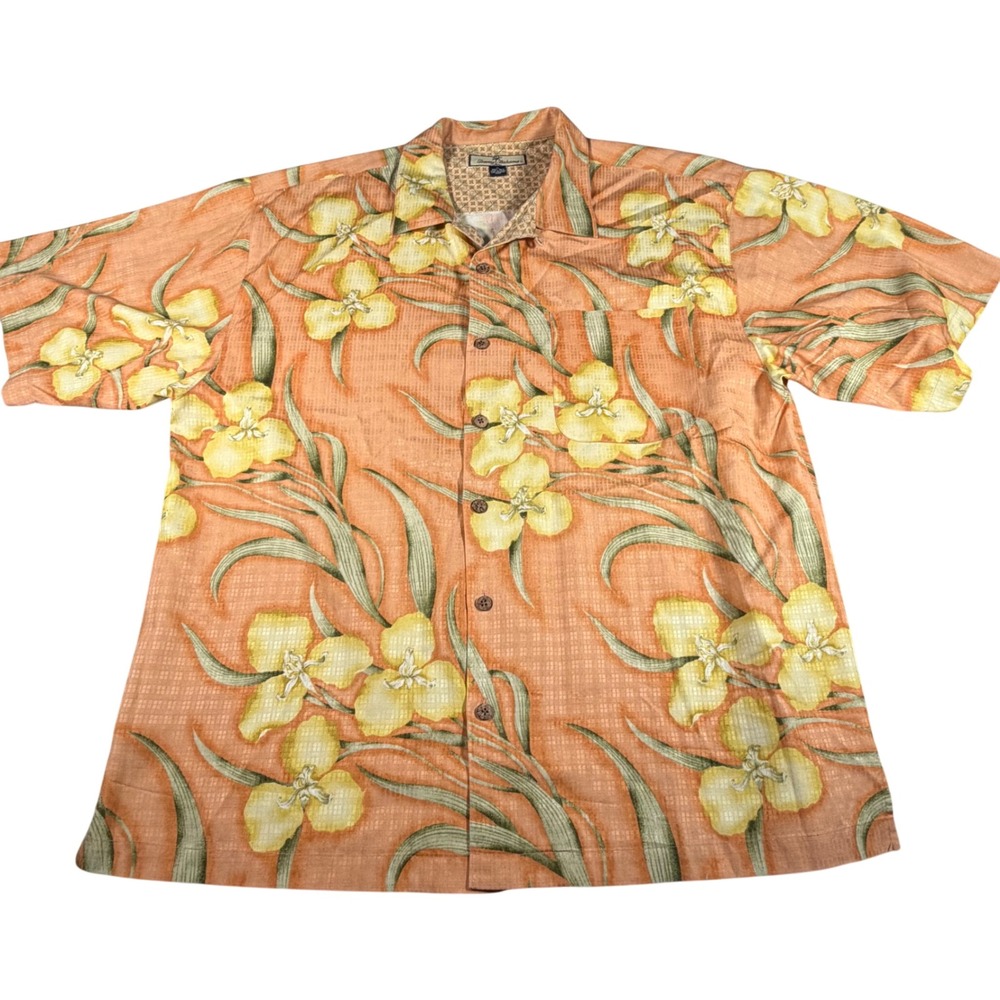 Tommy Bahama Silk Floral Shirt Mens XL Orange Tropical Camp Button Down Vacation